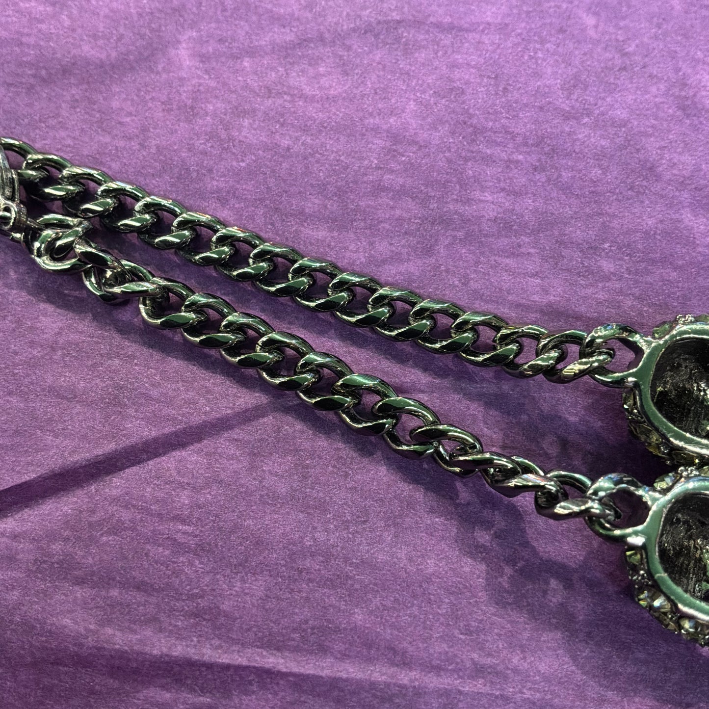 Vintage Butler and Wilson Pewter Tone Skull Waterfall Drop Statement Necklace