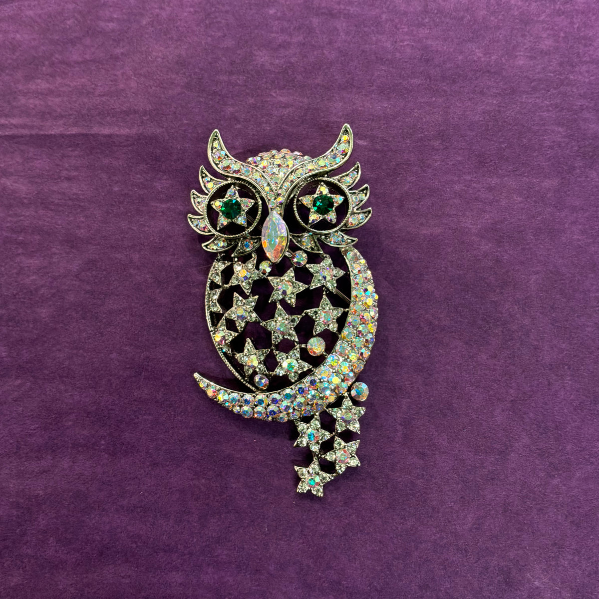 Vintage Butler and Wilson Silver and Rainbow Crystal Owl in the Moon Brooch