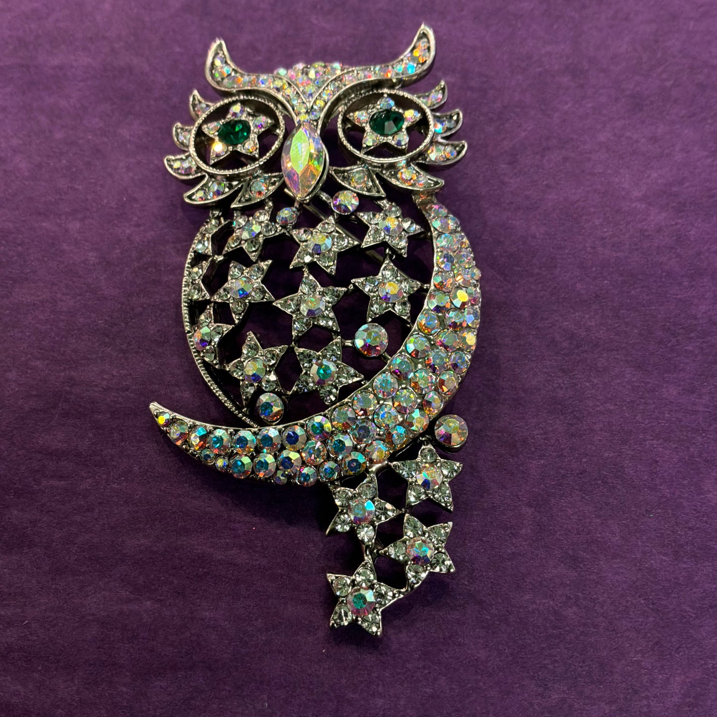 Vintage Butler and Wilson Silver and Rainbow Crystal Owl in the Moon Brooch