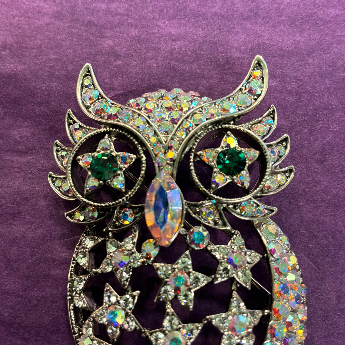 Vintage Butler and Wilson Silver and Rainbow Crystal Owl in the Moon Brooch