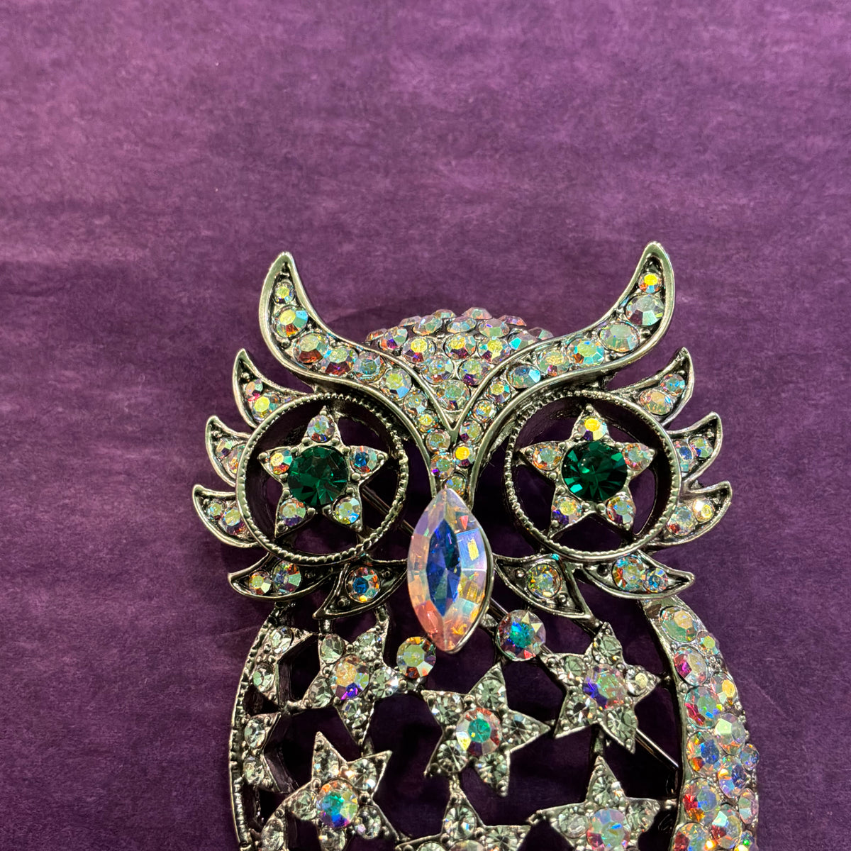 Vintage Butler and Wilson Silver and Rainbow Crystal Owl in the Moon Brooch