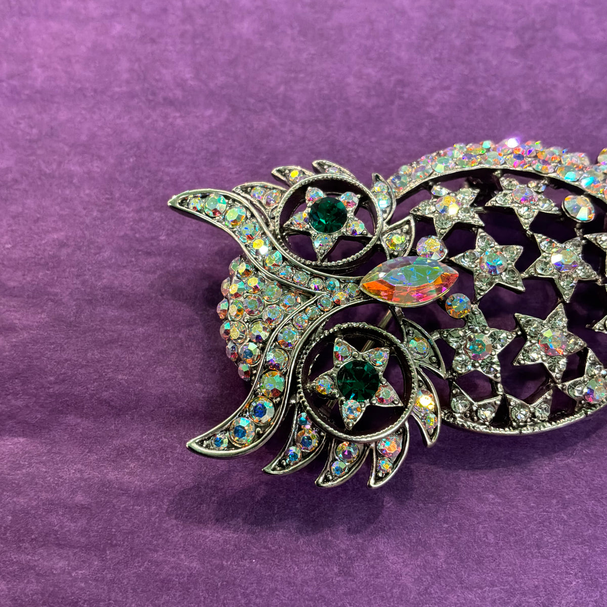 Vintage Butler and Wilson Silver and Rainbow Crystal Owl in the Moon Brooch