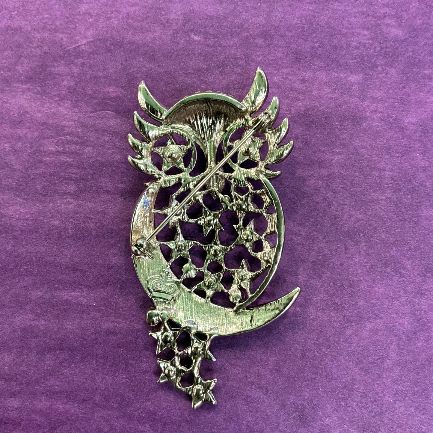 Vintage Butler and Wilson Silver and Rainbow Crystal Owl in the Moon Brooch
