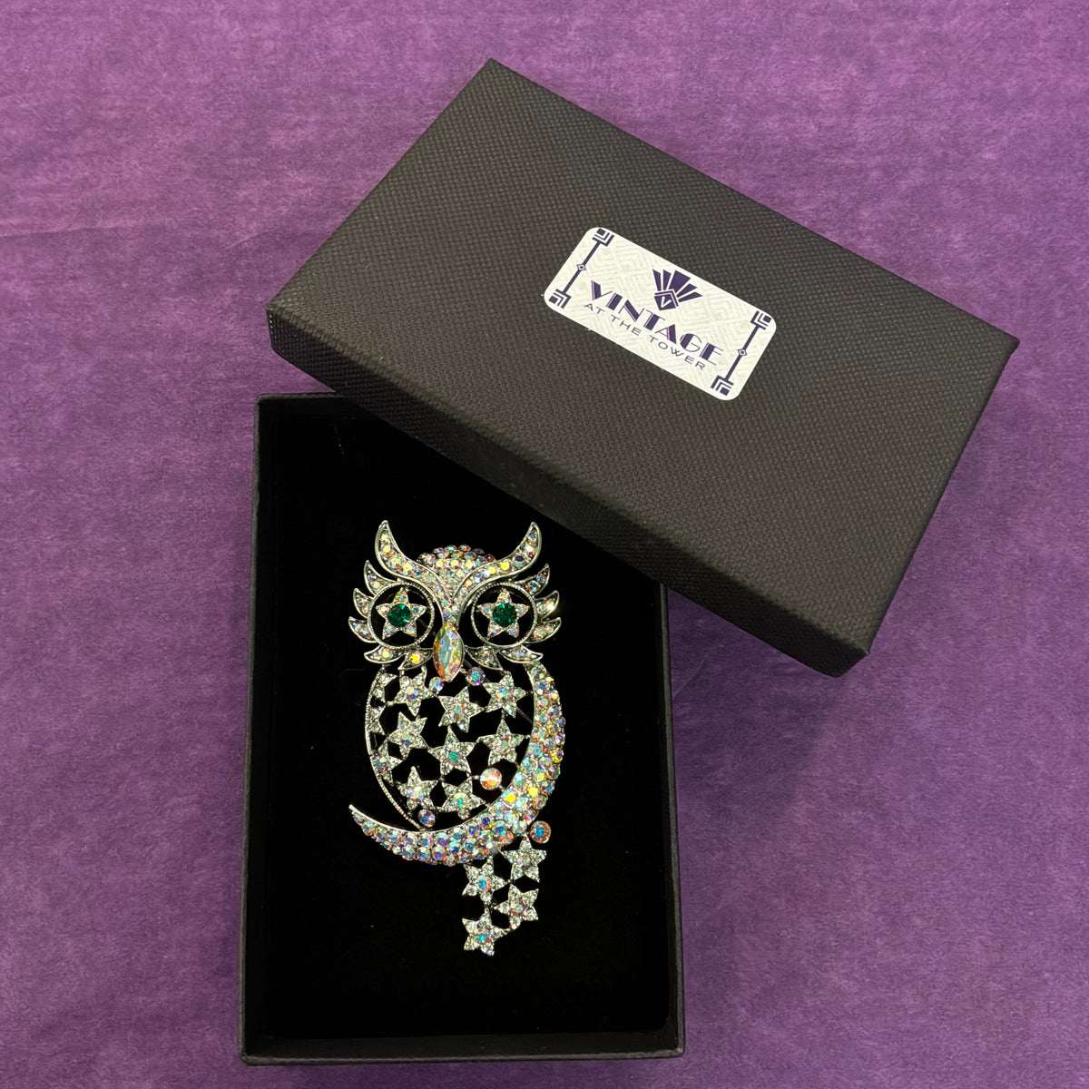 Vintage Butler and Wilson Silver and Rainbow Crystal Owl in the Moon Brooch