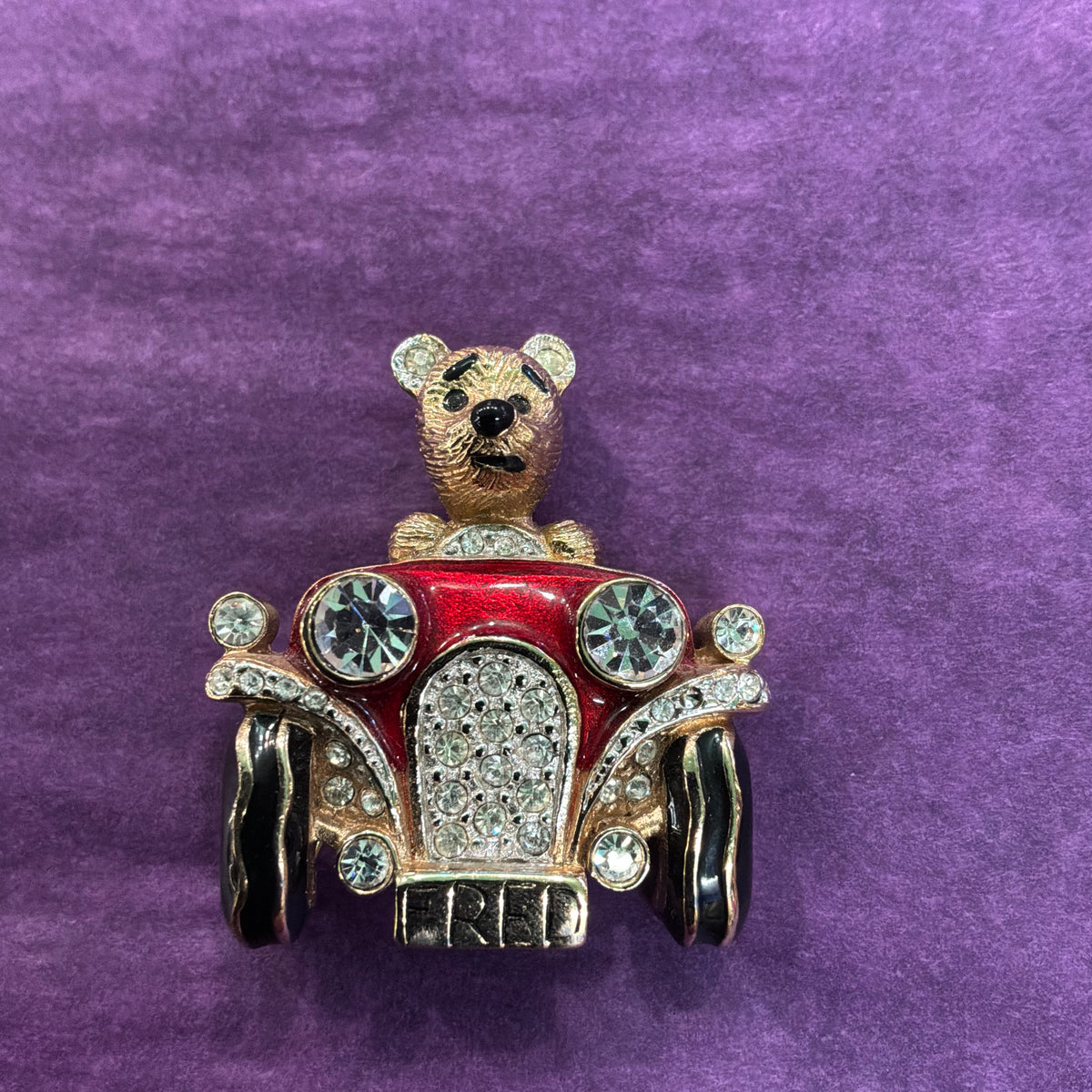 Vintage Butler and Wilson Crystal Fred Bear in a Motor Car Brooch