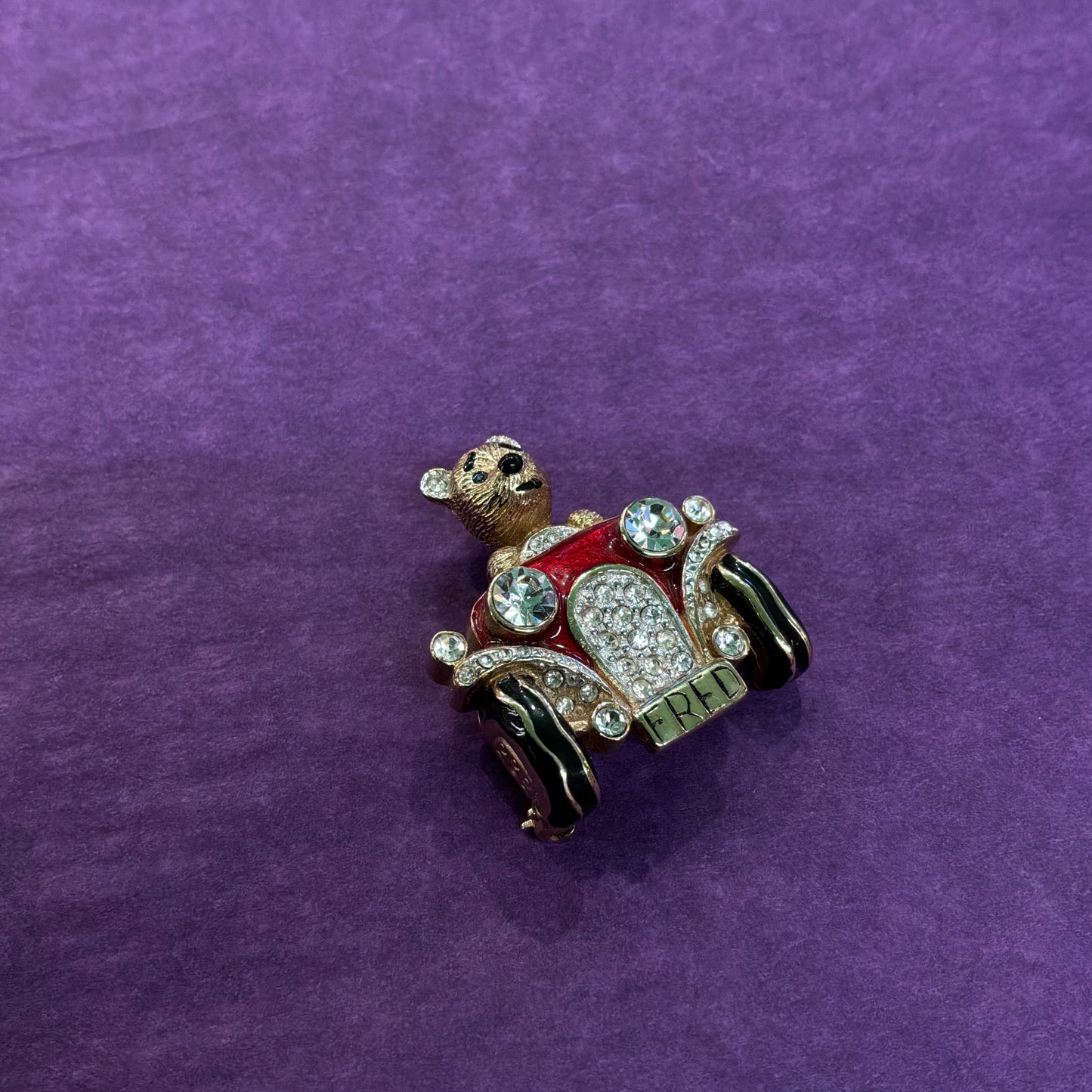 Vintage Butler and Wilson Crystal Fred Bear in a Motor Car Brooch