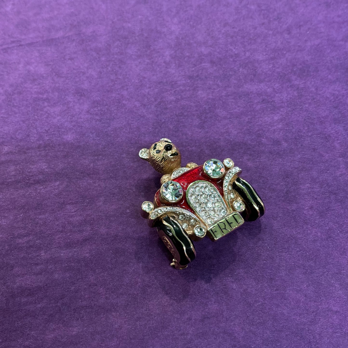 Vintage Butler and Wilson Crystal Fred Bear in a Motor Car Brooch