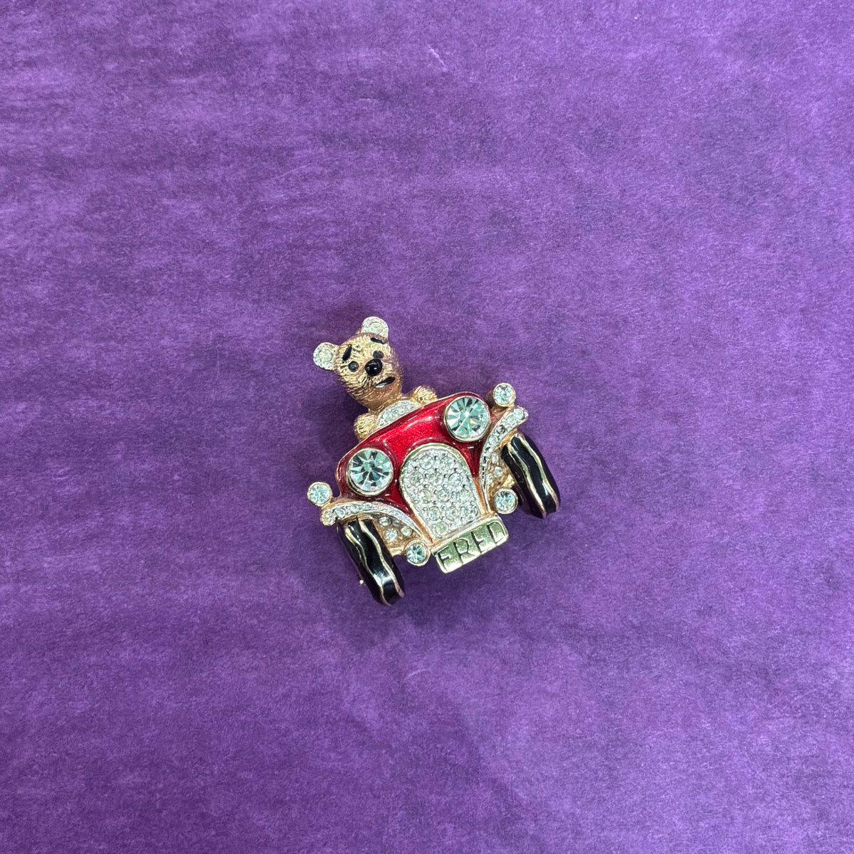 Vintage Butler and Wilson Crystal Fred Bear in a Motor Car Brooch