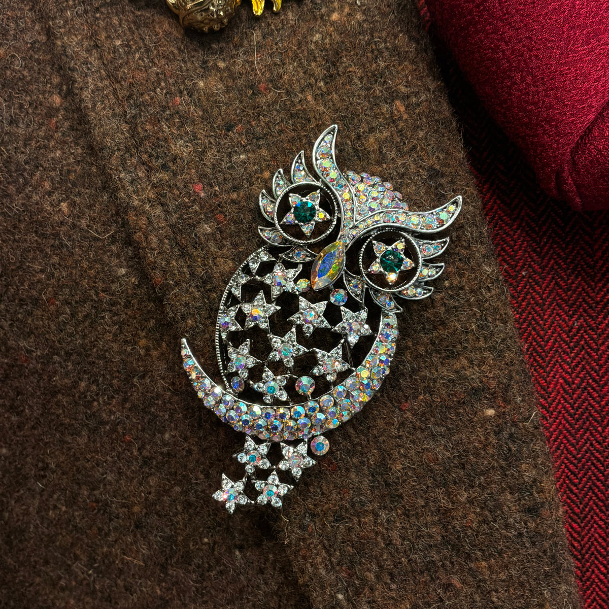 Vintage Butler and Wilson Silver and Rainbow Crystal Owl in the Moon Brooch