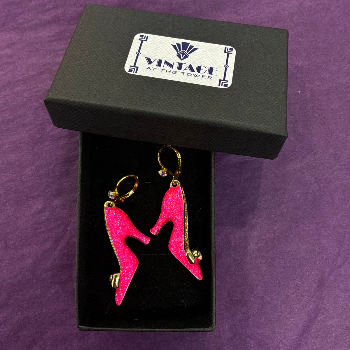 Vintage Butler and Wilson Statement Shoe Drop Earrings, Enamel Glitter
