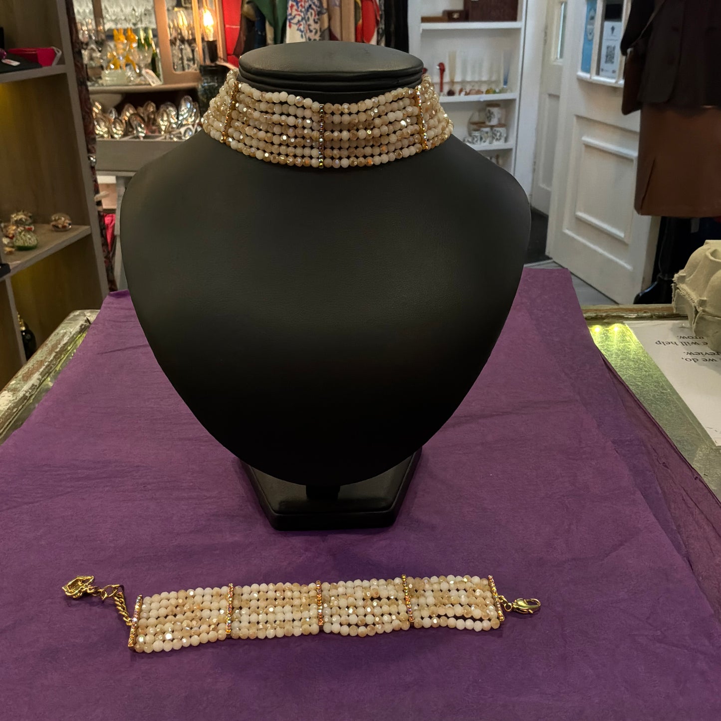 Vintage Butler and Wilson Aurora Borealis Crystal Choker Necklace & Bracelet Set in Gold Tone