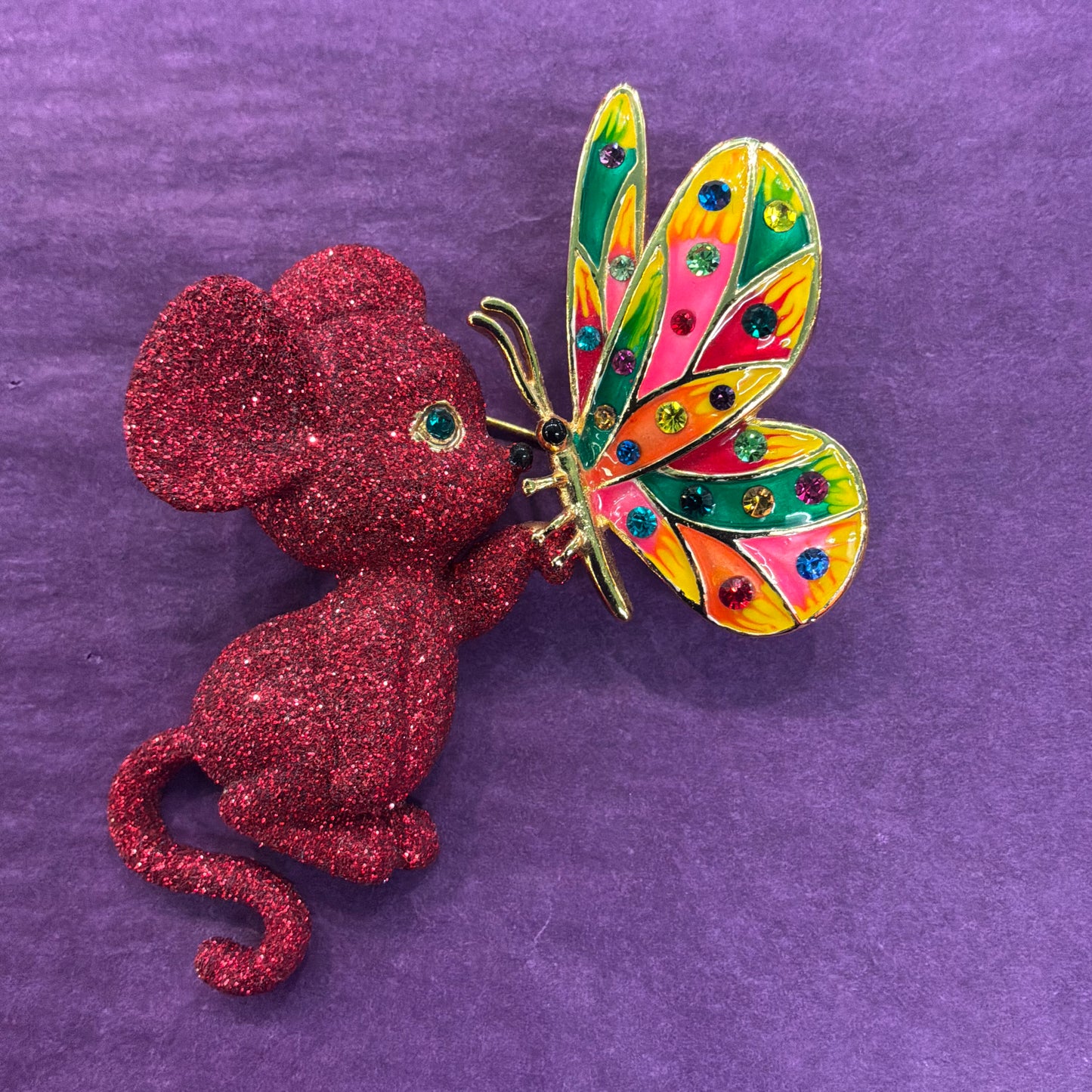 Vintage Butler and Wilson Mouse and Butterfly Large Brooch in Glitter Enamel