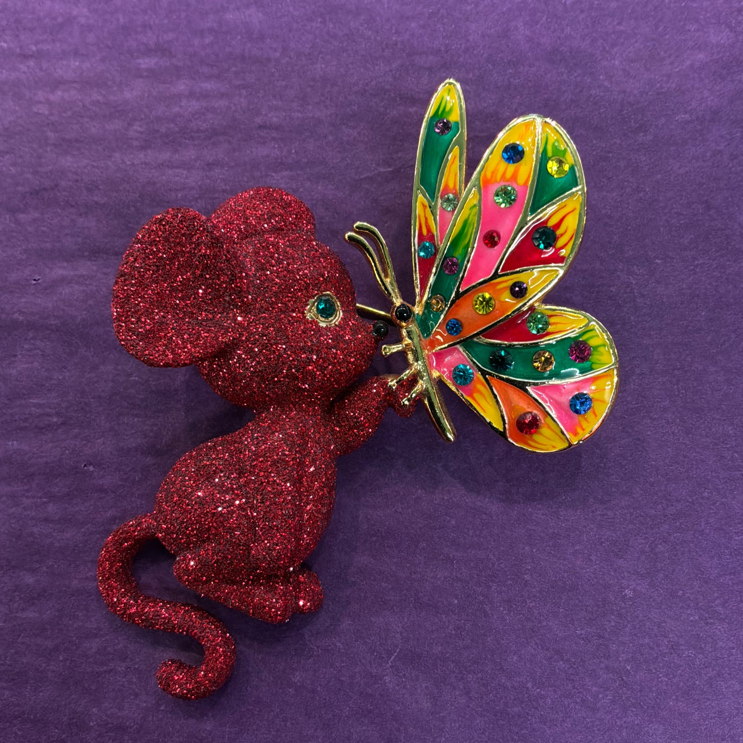 Vintage Butler and Wilson Mouse and Butterfly Large Brooch in Glitter Enamel