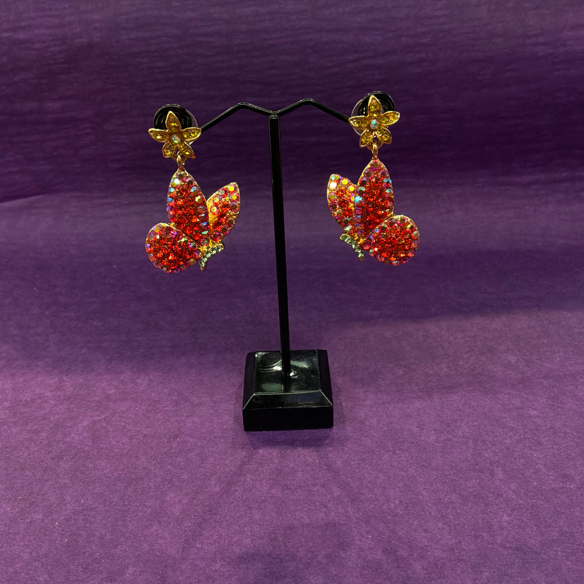 Vintage Butler and Wilson Butterfly Drop Earrings in Aurora Borealis Crystal and Gold Tone Metal