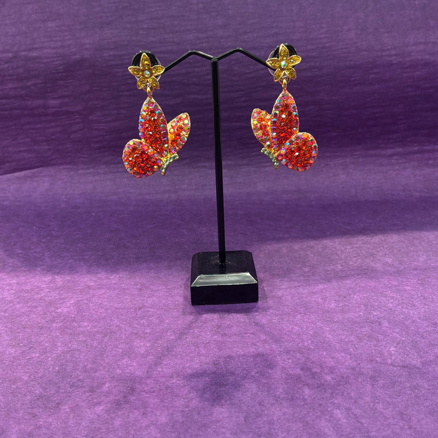 Vintage Butler and Wilson Butterfly Drop Earrings in Aurora Borealis Crystal and Gold Tone Metal