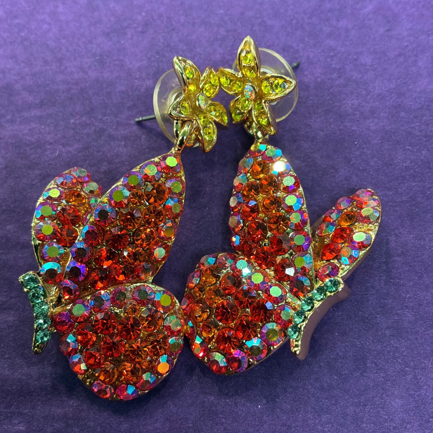 Vintage Butler and Wilson Butterfly Drop Earrings in Aurora Borealis Crystal and Gold Tone Metal
