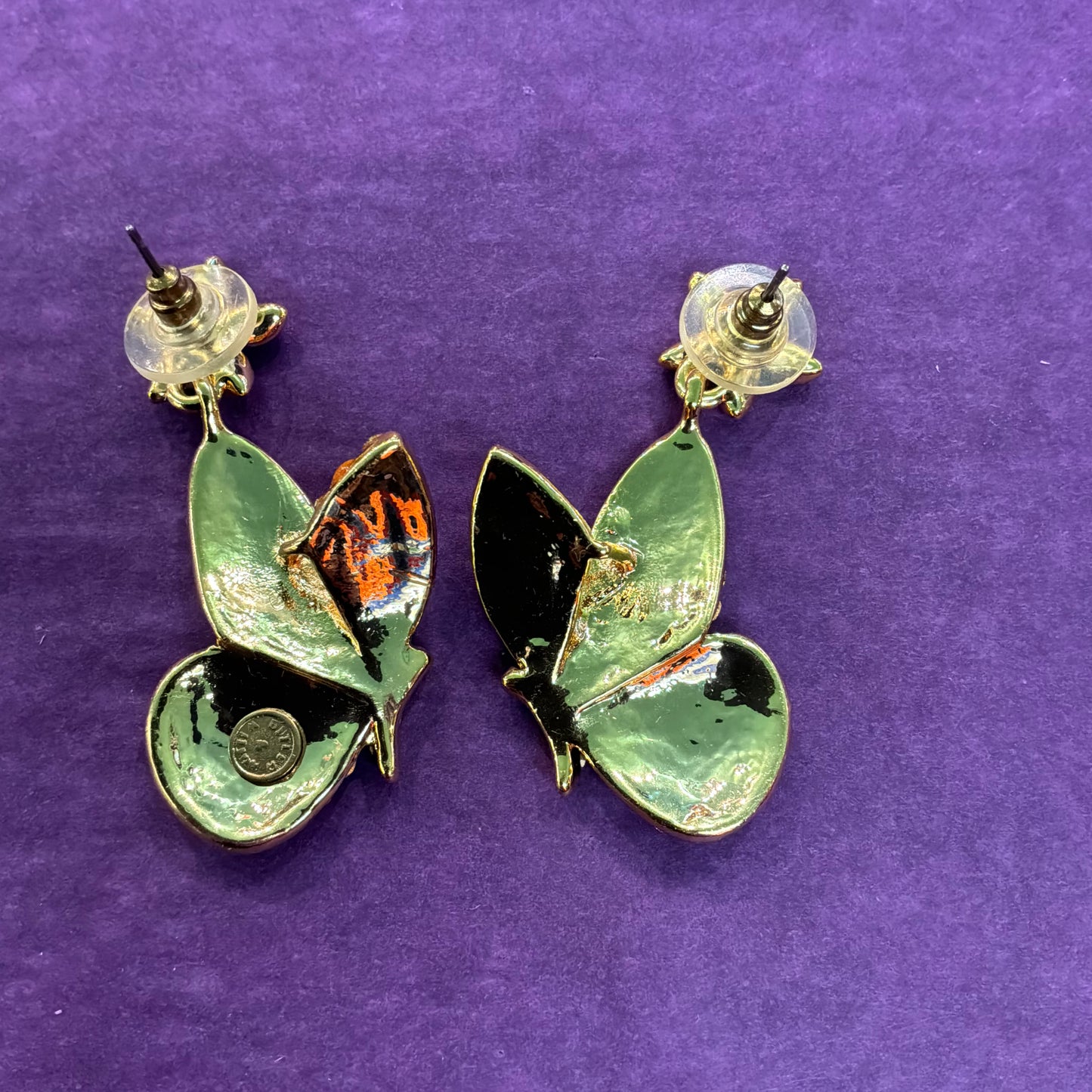 Vintage Butler and Wilson Butterfly Drop Earrings in Aurora Borealis Crystal and Gold Tone Metal