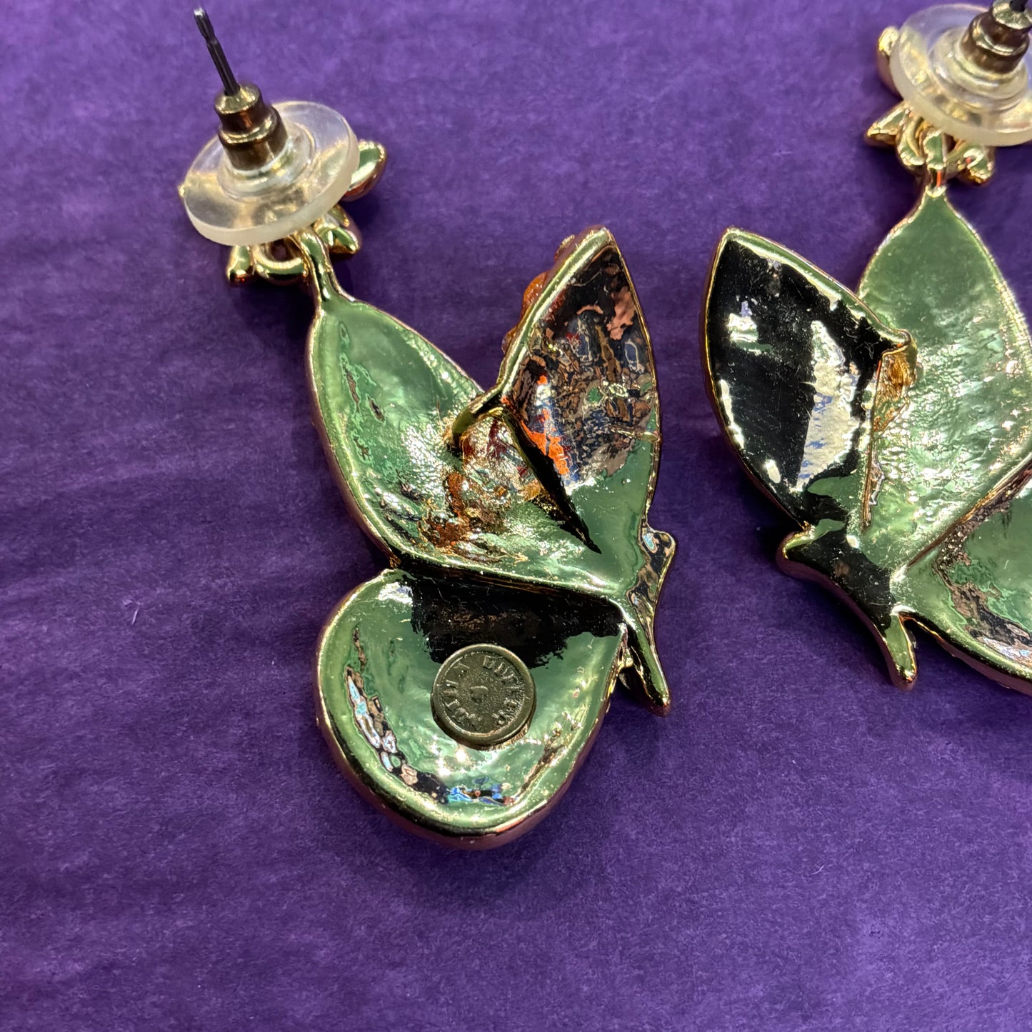 Vintage Butler and Wilson Butterfly Drop Earrings in Aurora Borealis Crystal and Gold Tone Metal