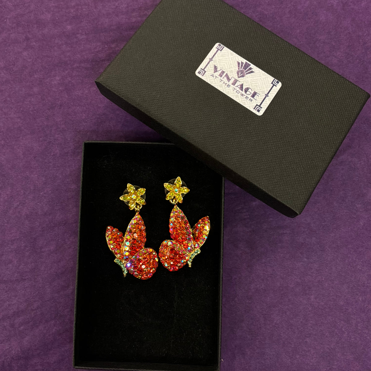 Vintage Butler and Wilson Butterfly Drop Earrings in Aurora Borealis Crystal and Gold Tone Metal