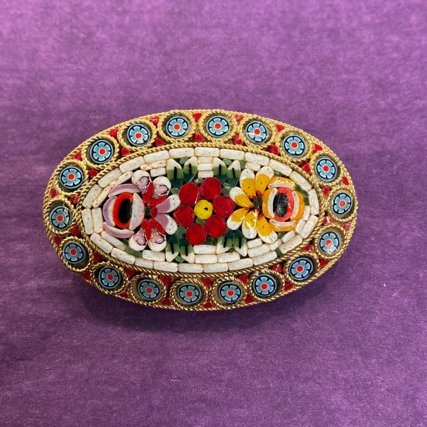 Vintage Italian Micro Mosaic Floral Oval Brooch, Mid Century Brass, Glass