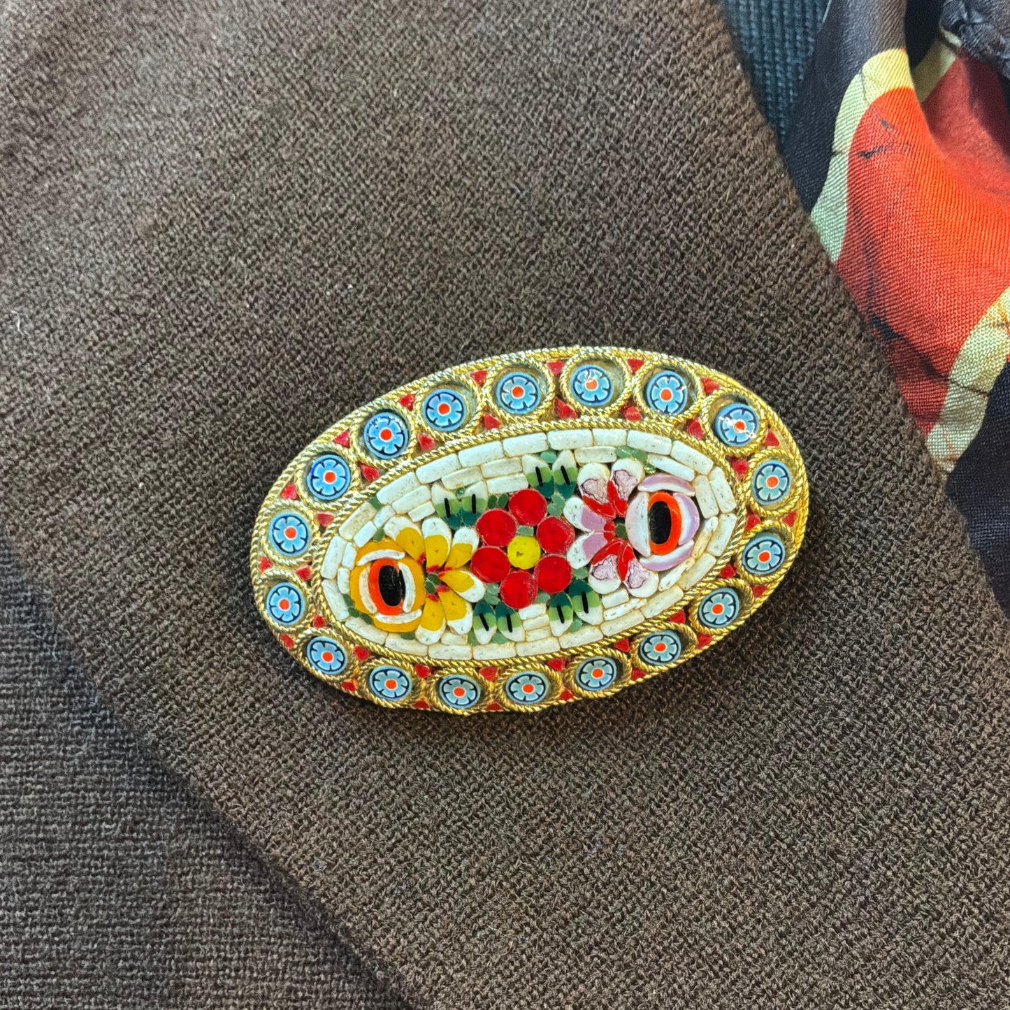 Vintage Italian Micro Mosaic Floral Oval Brooch, Mid Century Brass, Glass