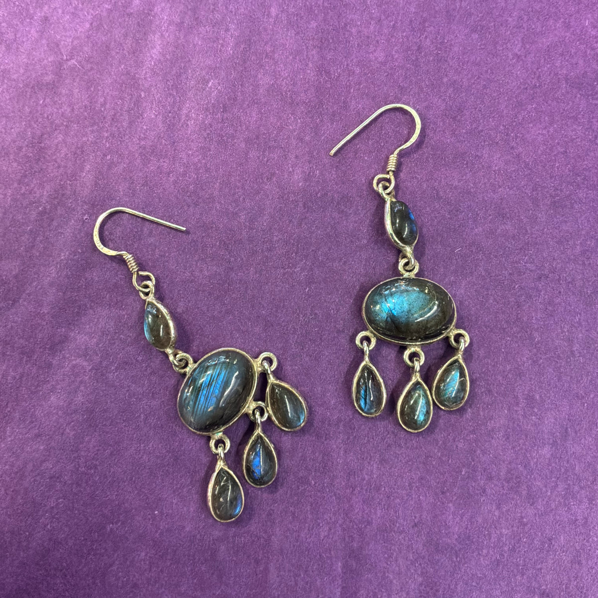 Vintage 925 Sterling Silver Labradorite Chandelier Drop Earrings, Artisan Made Gemstone