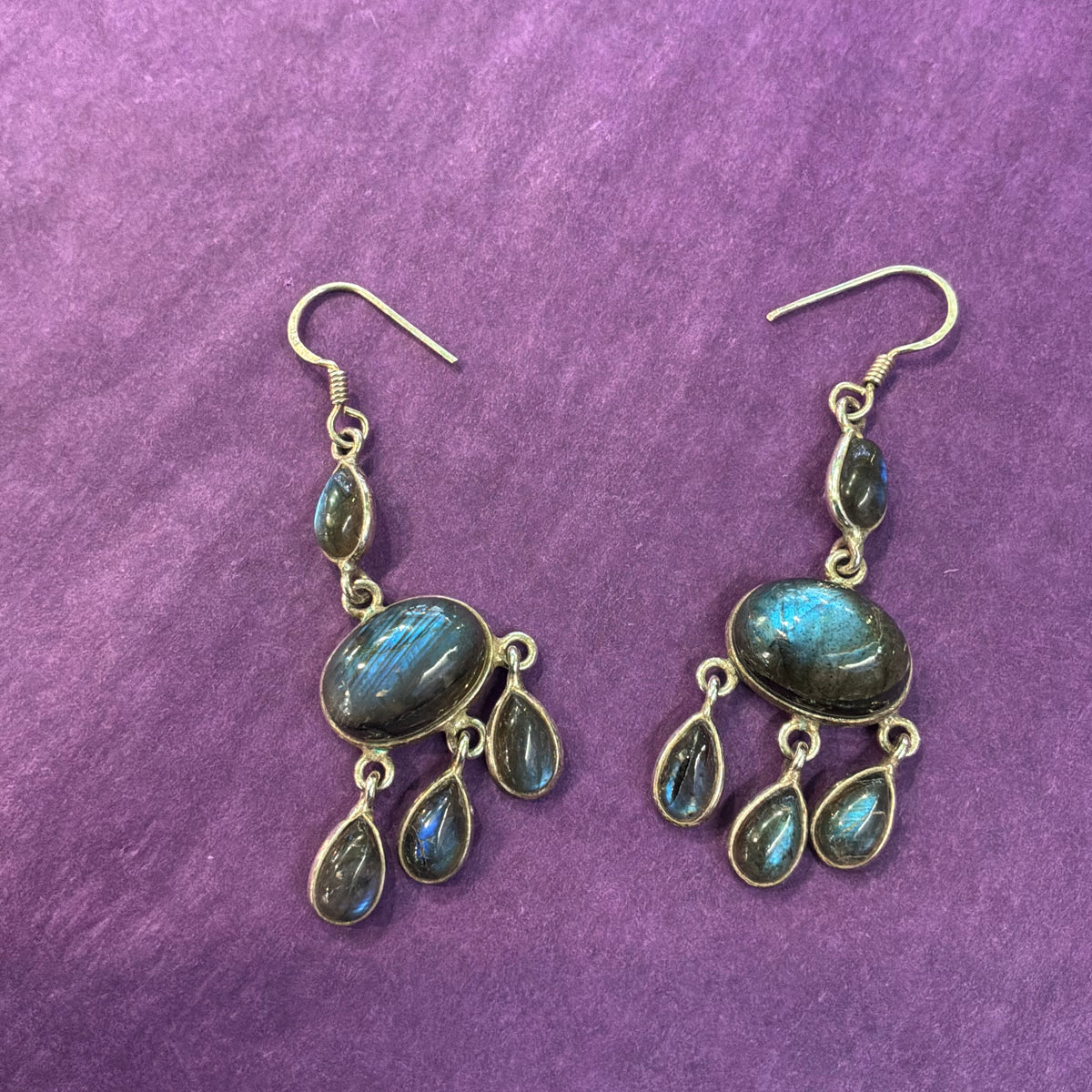 Vintage 925 Sterling Silver Labradorite Chandelier Drop Earrings, Artisan Made Gemstone
