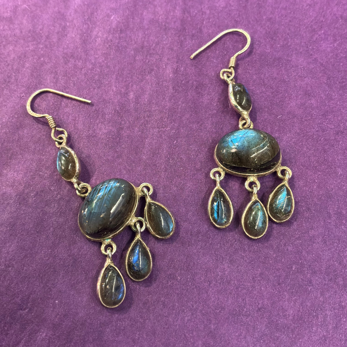 Vintage 925 Sterling Silver Labradorite Chandelier Drop Earrings, Artisan Made Gemstone