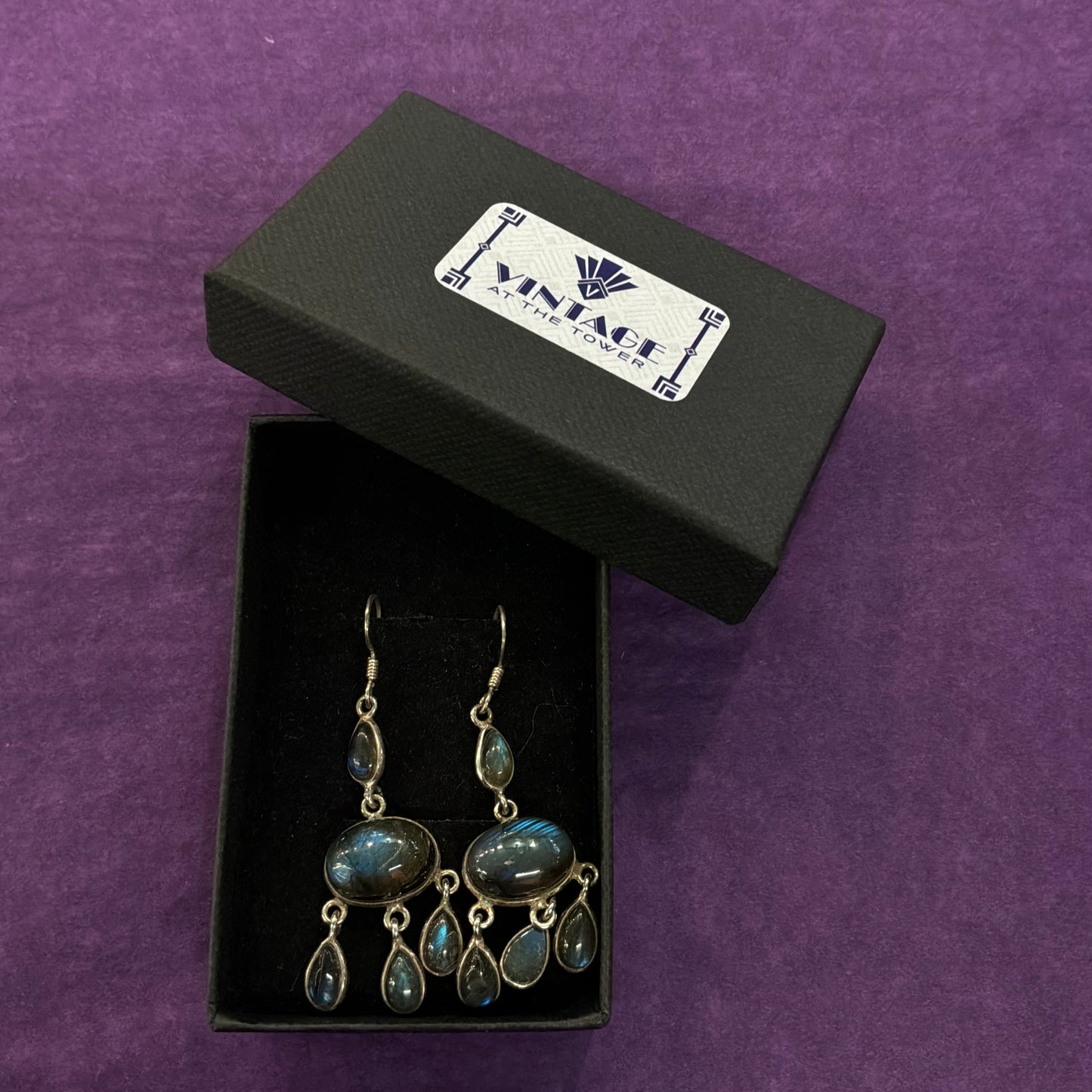 Vintage 925 Sterling Silver Labradorite Chandelier Drop Earrings, Artisan Made Gemstone