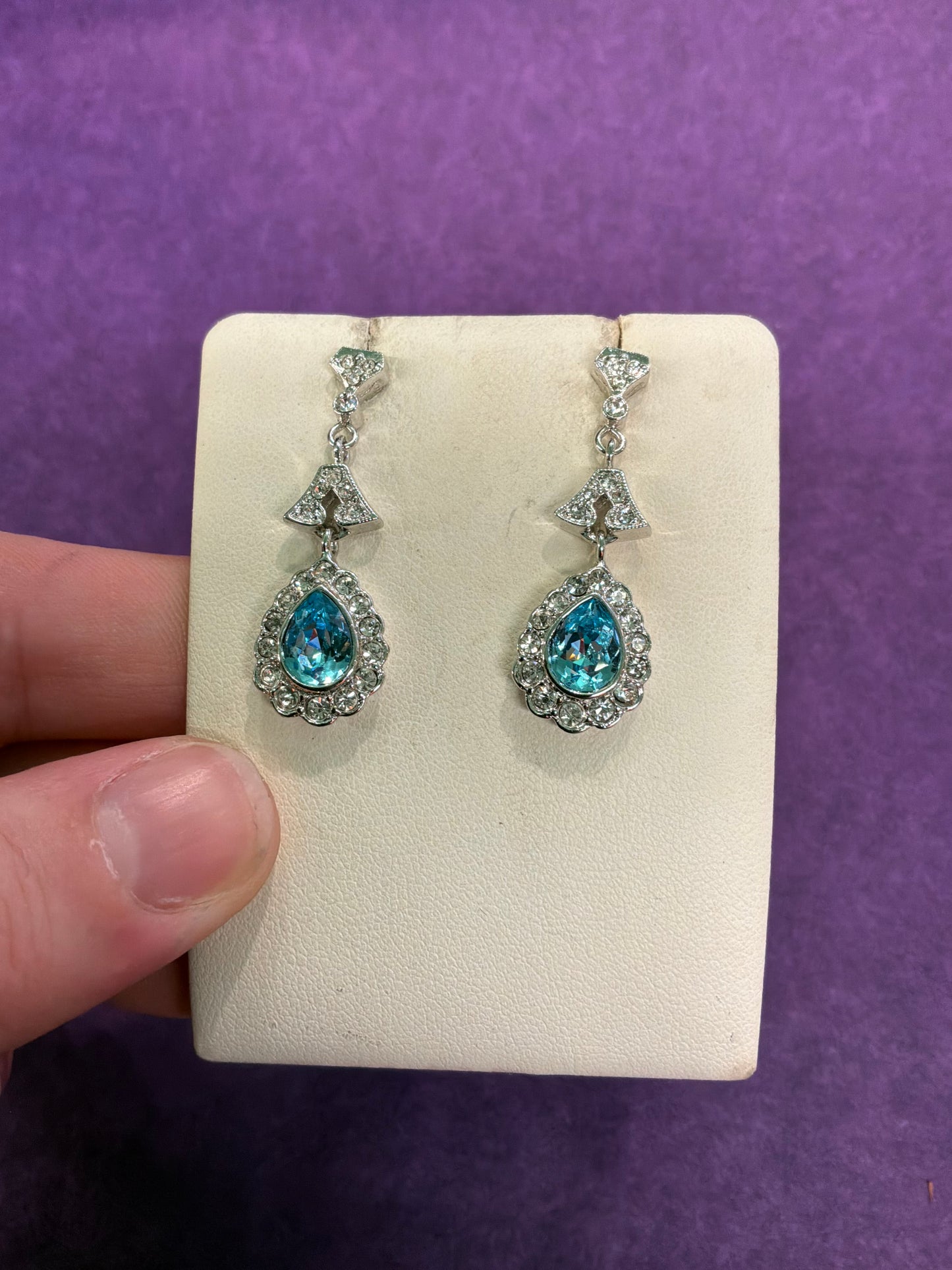 Vintage Butler and Wilson Blue Crystal Teardrop Earrings, Silver Tone