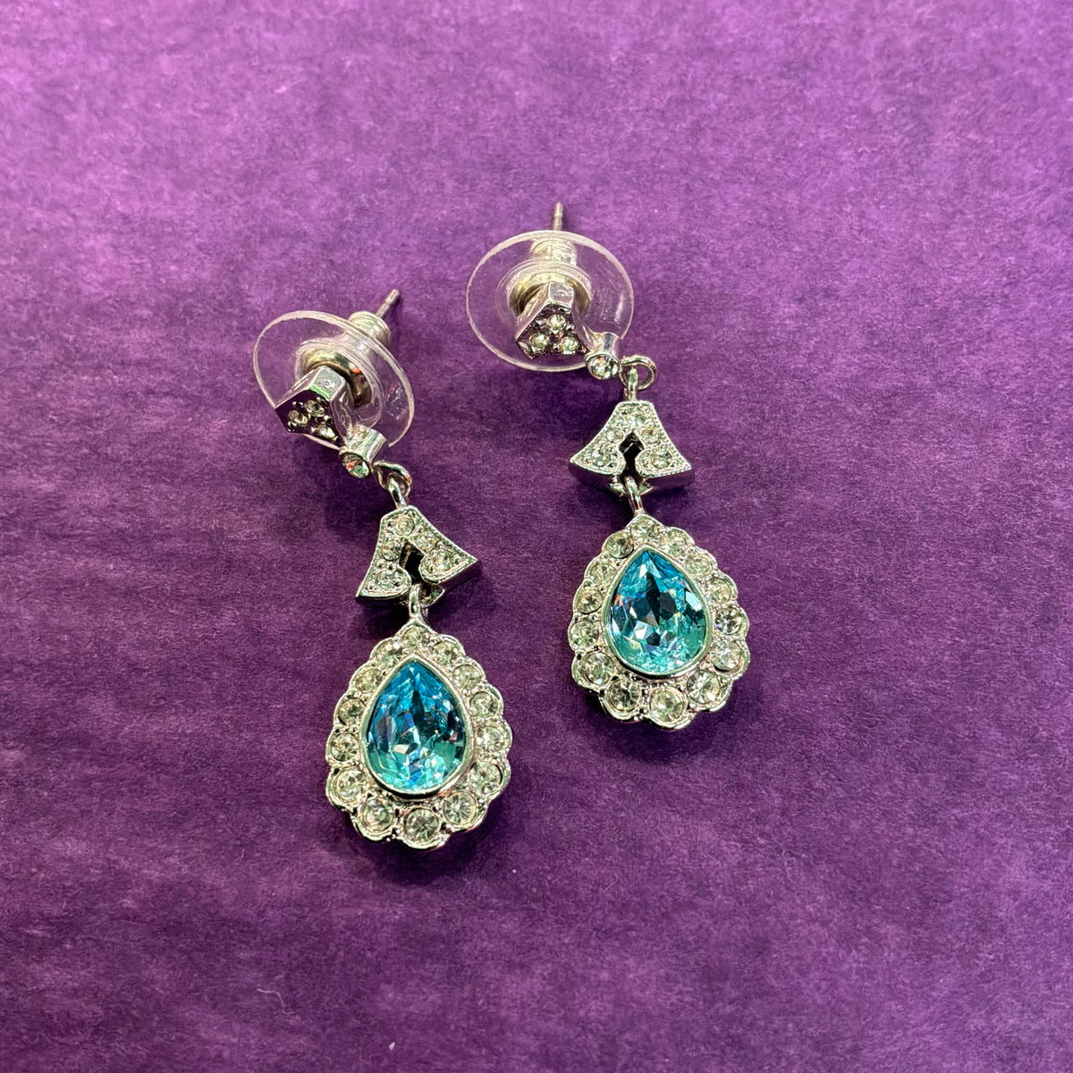 Vintage Butler and Wilson Blue Crystal Teardrop Earrings, Silver Tone