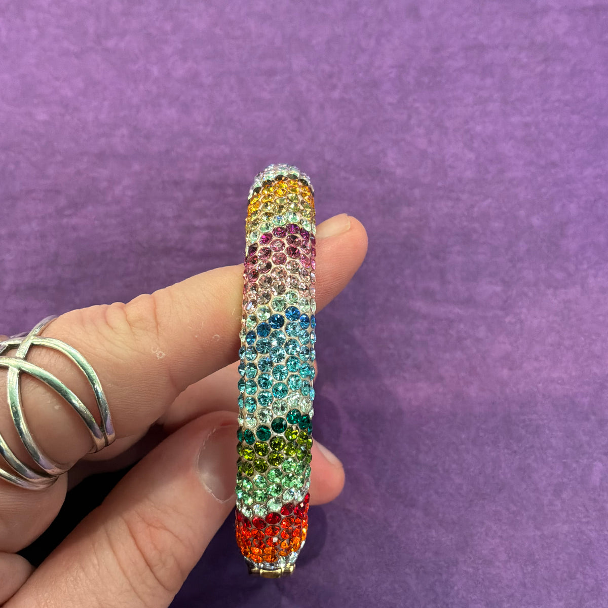 Vintage Butler & Wilson Chunky Rainbow Crystal Bangle, Gold Tone Statement Bracelet