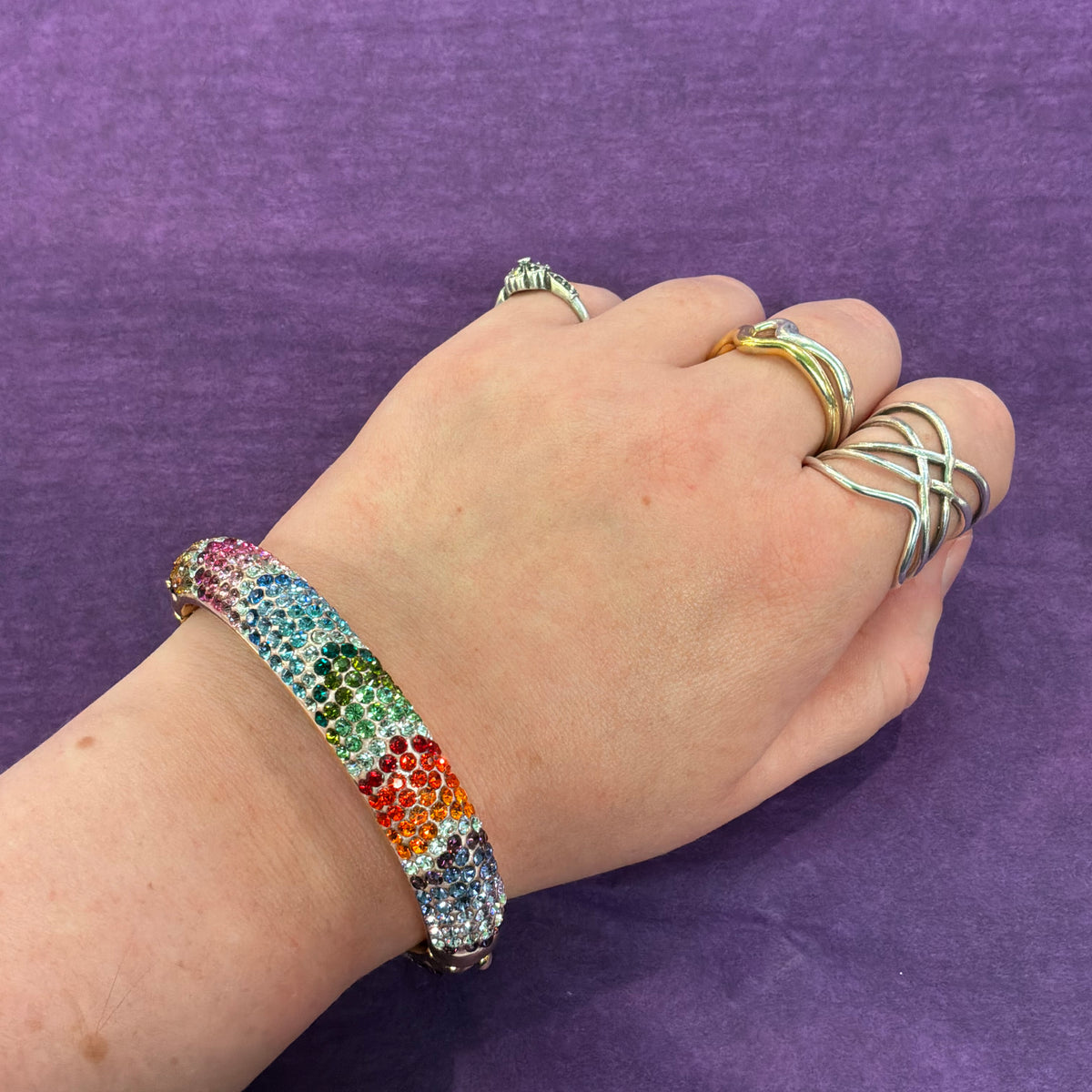 Vintage Butler & Wilson Chunky Rainbow Crystal Bangle, Gold Tone Statement Bracelet
