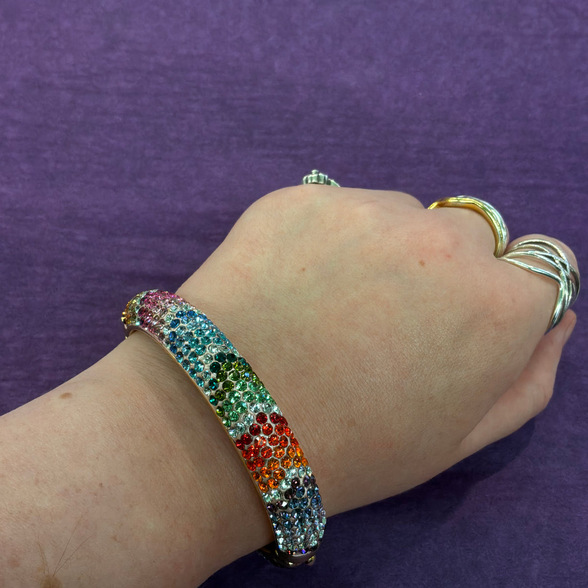 Vintage Butler & Wilson Chunky Rainbow Crystal Bangle, Gold Tone Statement Bracelet