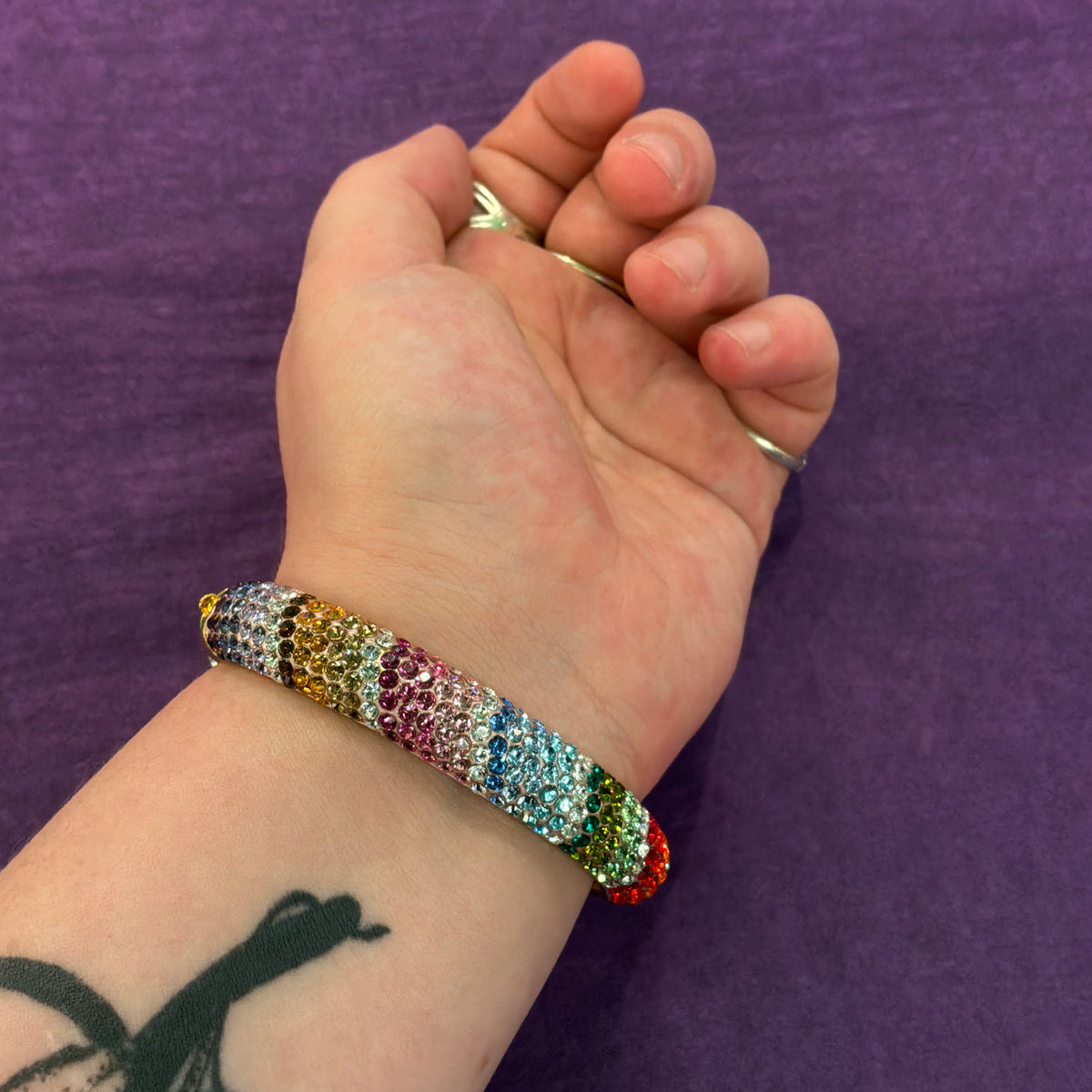 Vintage Butler & Wilson Chunky Rainbow Crystal Bangle, Gold Tone Statement Bracelet