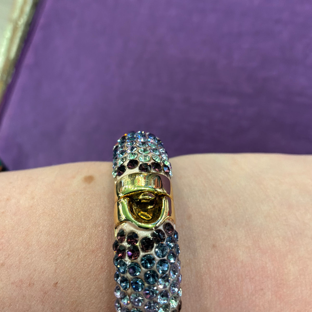 Vintage Butler & Wilson Chunky Rainbow Crystal Bangle, Gold Tone Statement Bracelet