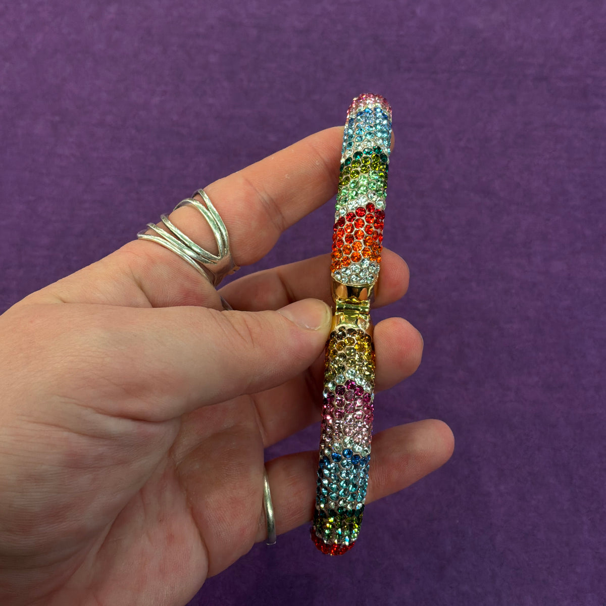 Vintage Butler & Wilson Chunky Rainbow Crystal Bangle, Gold Tone Statement Bracelet