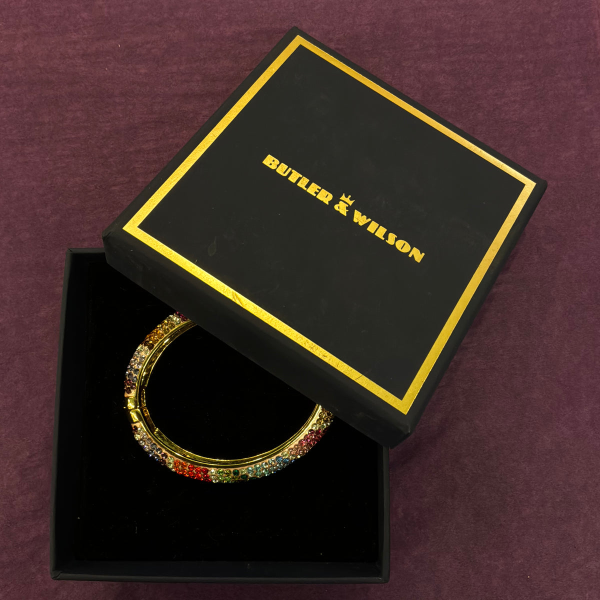 Vintage Butler & Wilson Chunky Rainbow Crystal Bangle, Gold Tone Statement Bracelet