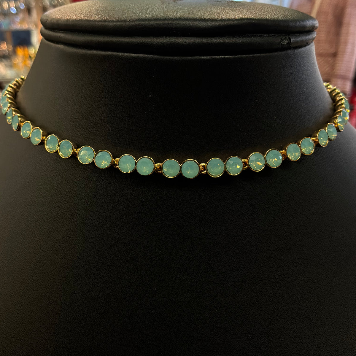 Vintage Butler & Wilson Turquoise Green Crystal Bezel Choker Necklace in Gold Tone