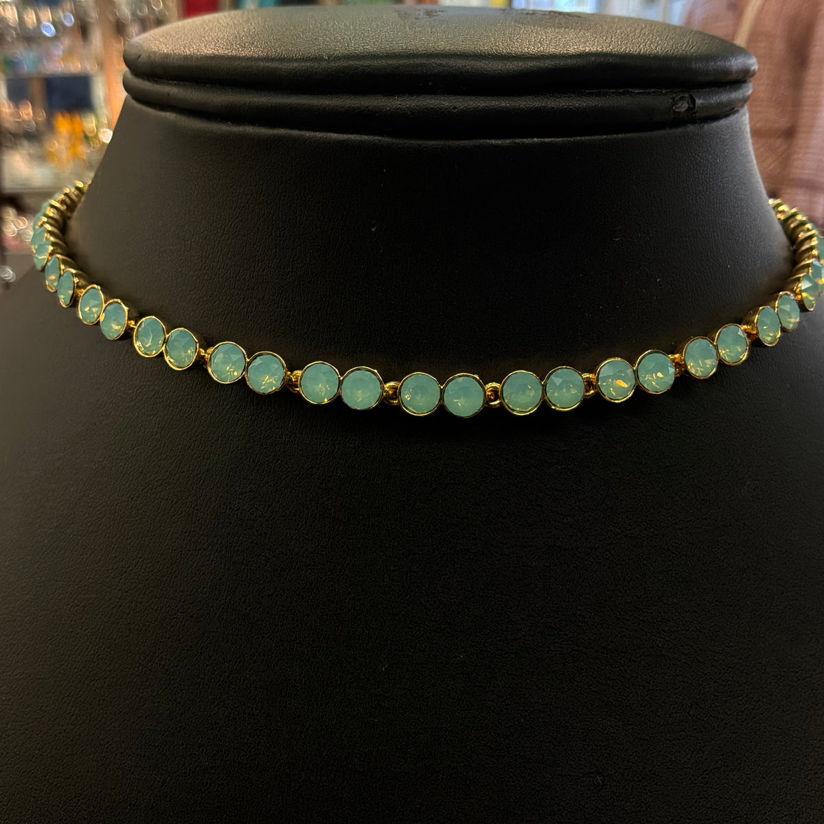 Vintage Butler & Wilson Turquoise Green Crystal Bezel Choker Necklace in Gold Tone