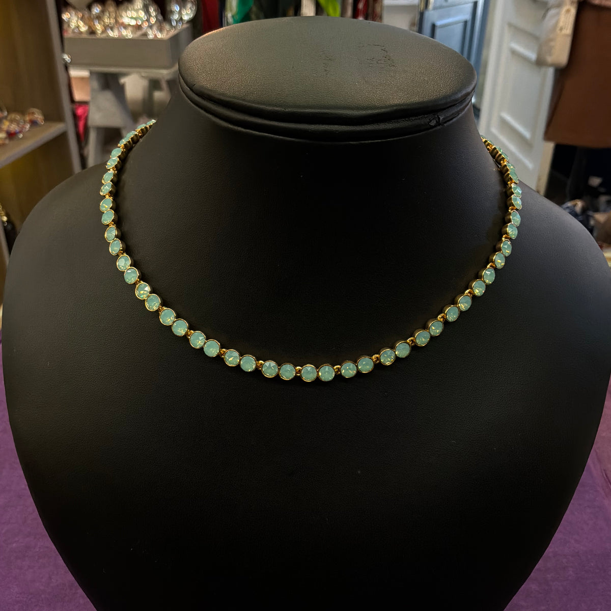 Vintage Butler & Wilson Turquoise Green Crystal Bezel Choker Necklace in Gold Tone