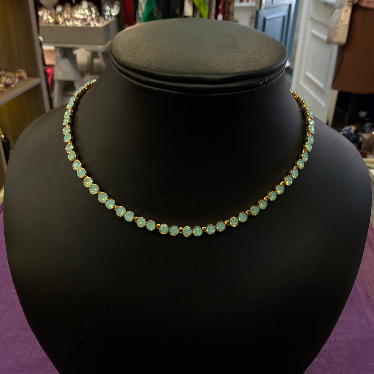 Vintage Butler & Wilson Turquoise Green Crystal Bezel Choker Necklace in Gold Tone