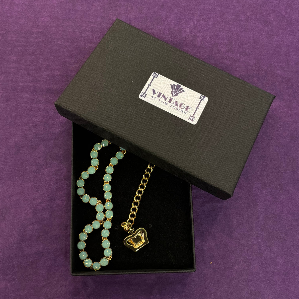 Vintage Butler & Wilson Turquoise Green Crystal Bezel Choker Necklace in Gold Tone