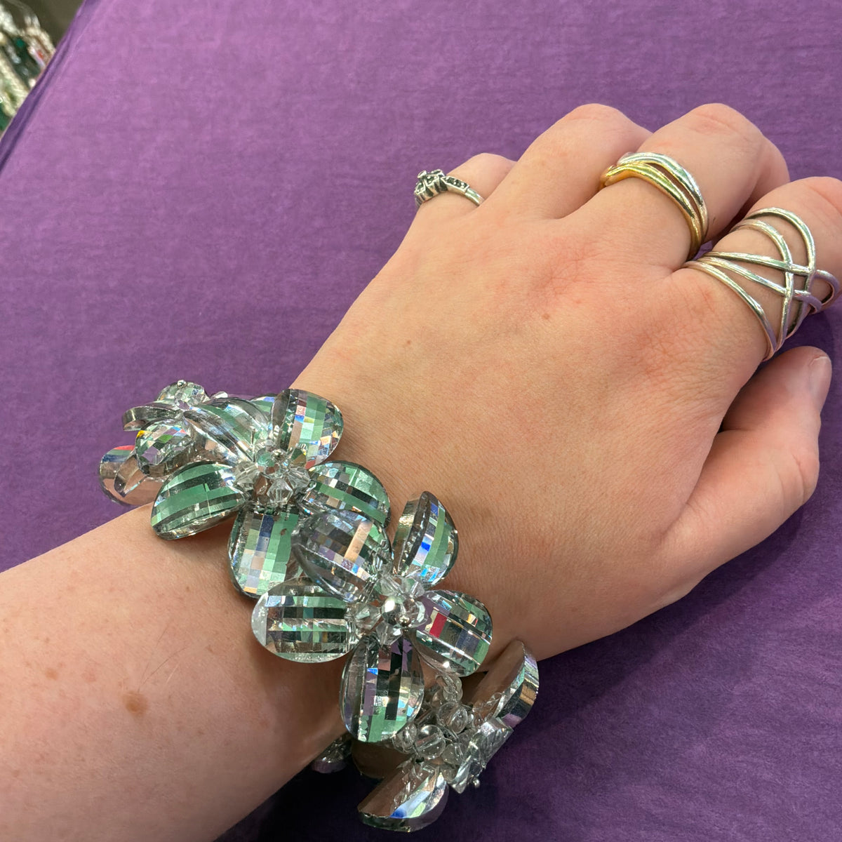 Vintage Butler & Wilson Silver Checkerboard Crystal Floral Statement Bracelet