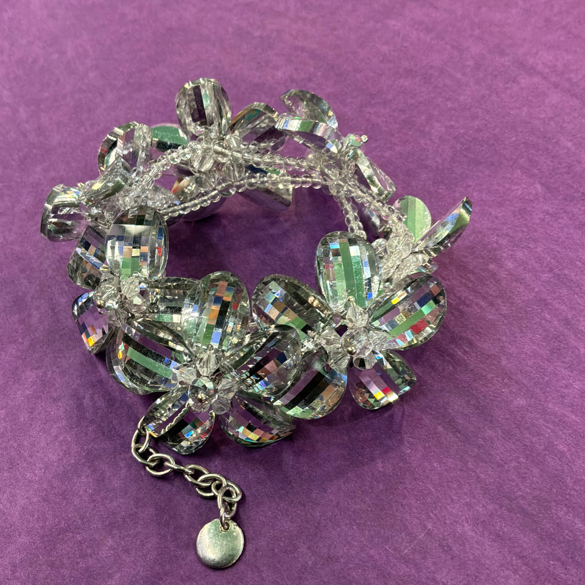 Vintage Butler & Wilson Silver Checkerboard Crystal Floral Statement Bracelet