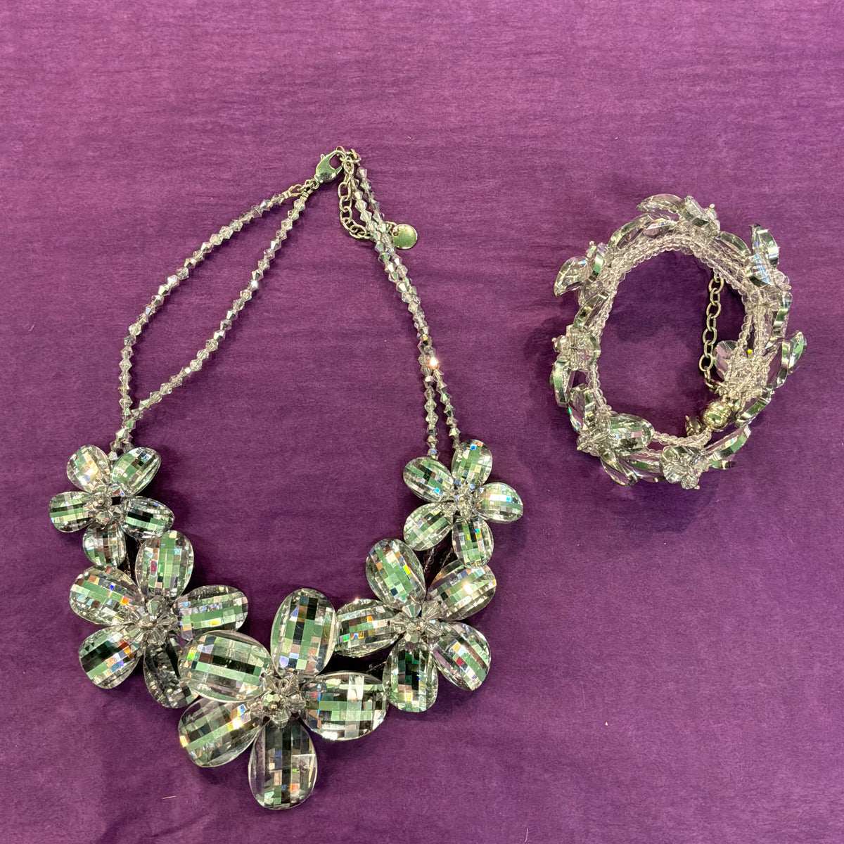 Vintage Butler & Wilson Silver Checkerboard Crystal Floral Statement Bracelet