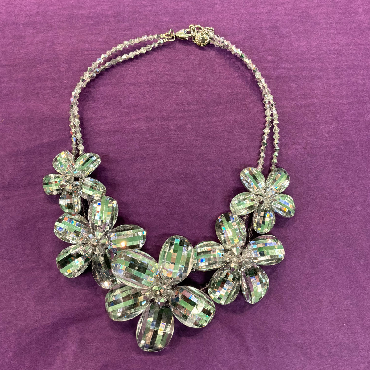 Vintage Butler & Wilson Silver Checkerboard Crystal Floral Statement Necklace