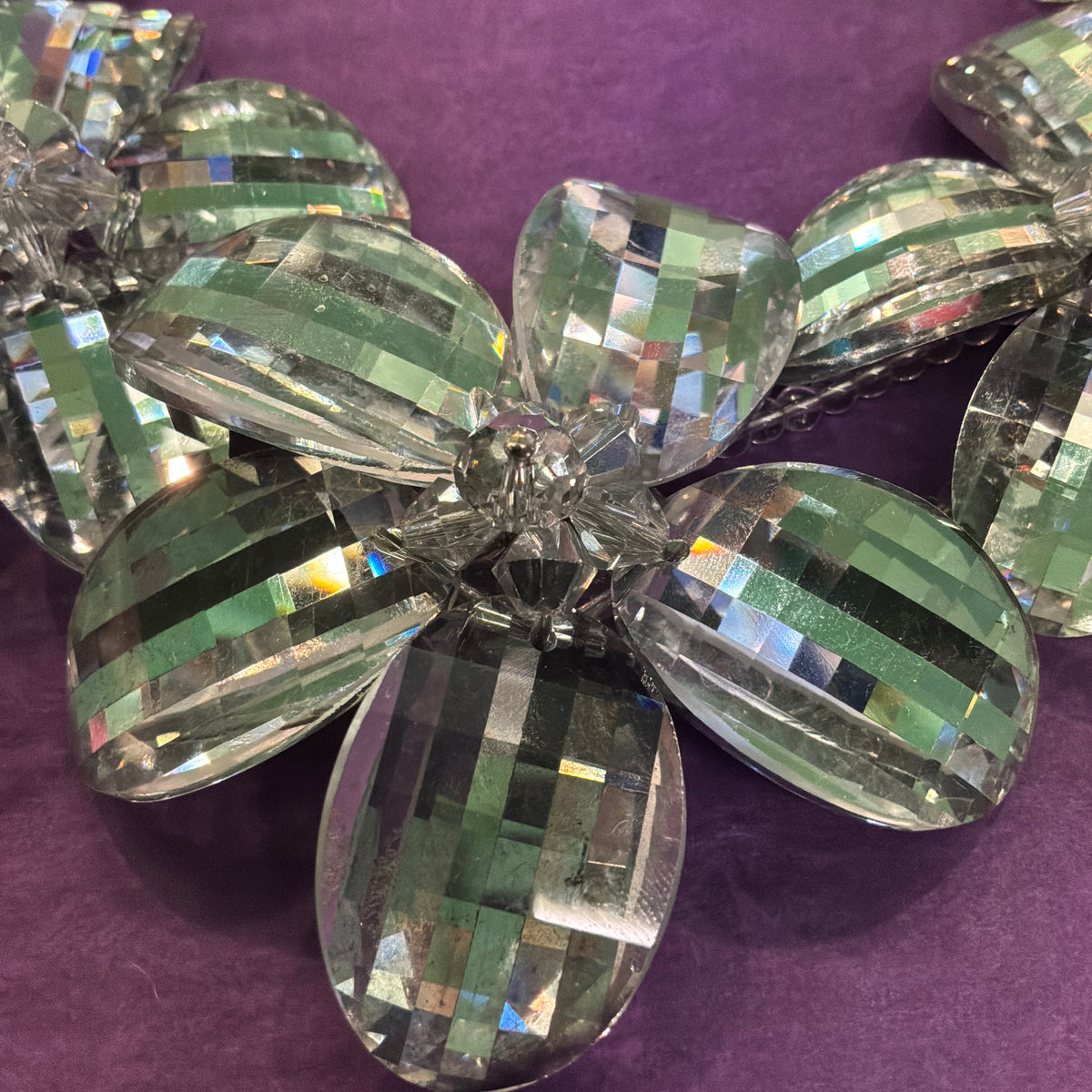Vintage Butler & Wilson Silver Checkerboard Crystal Floral Statement Necklace