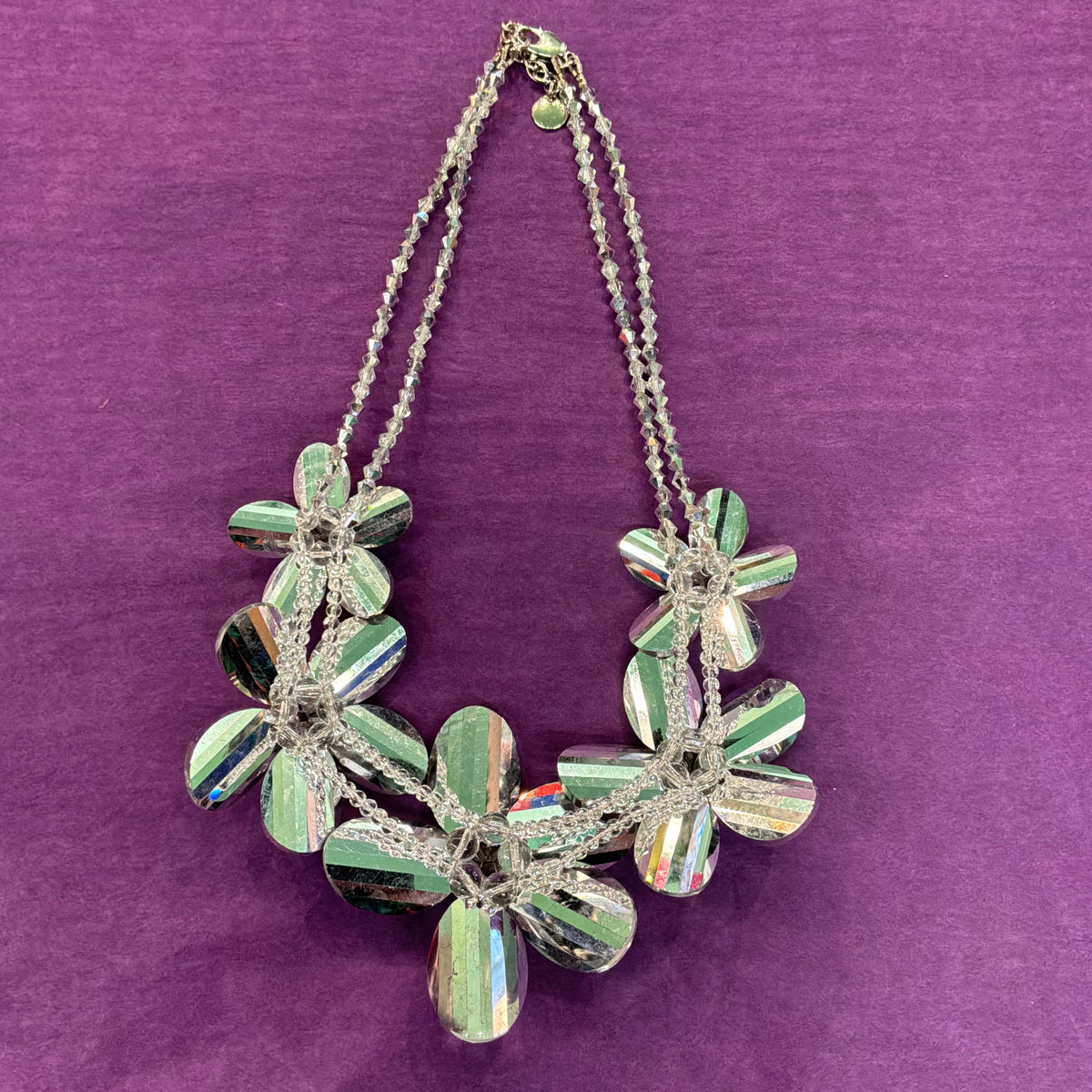 Vintage Butler & Wilson Silver Checkerboard Crystal Floral Statement Necklace