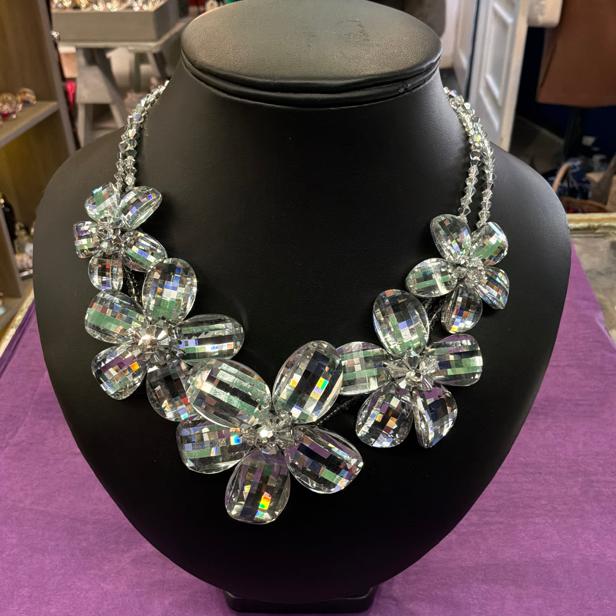 Vintage Butler & Wilson Silver Checkerboard Crystal Floral Statement Necklace